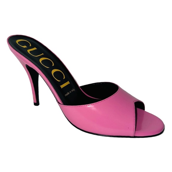 Size 38 Gucci Women's Pink Shiny Leather Open Toe High Heel Slide - Picture 2 of 4